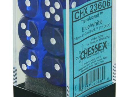 Translucent 16mm d6 Blue white Dice Block™ (12 dice) on Sale